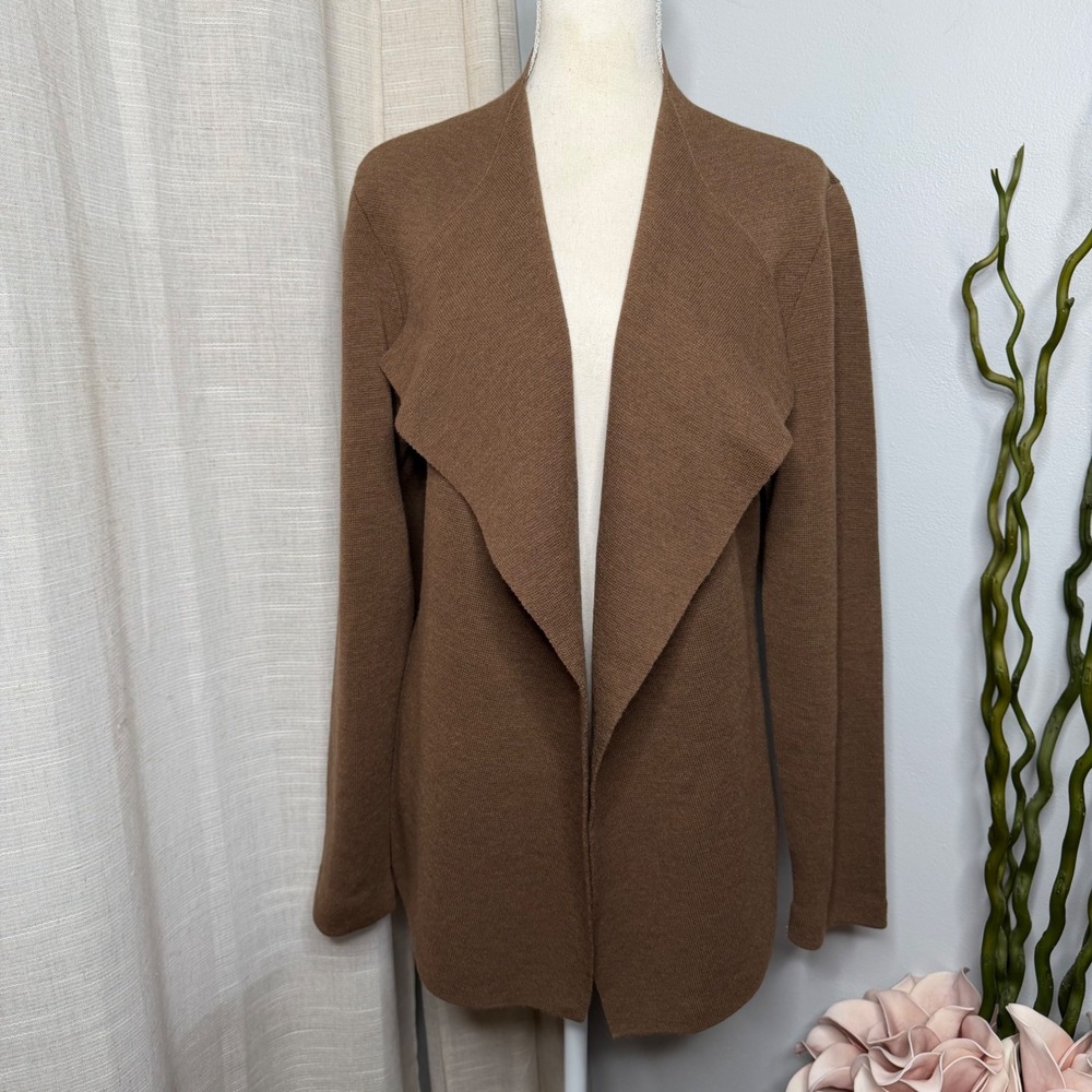 Eileen Fisher Open Front‎ Shawl Cardigan Sweater 100% Wool Brown Women's Large